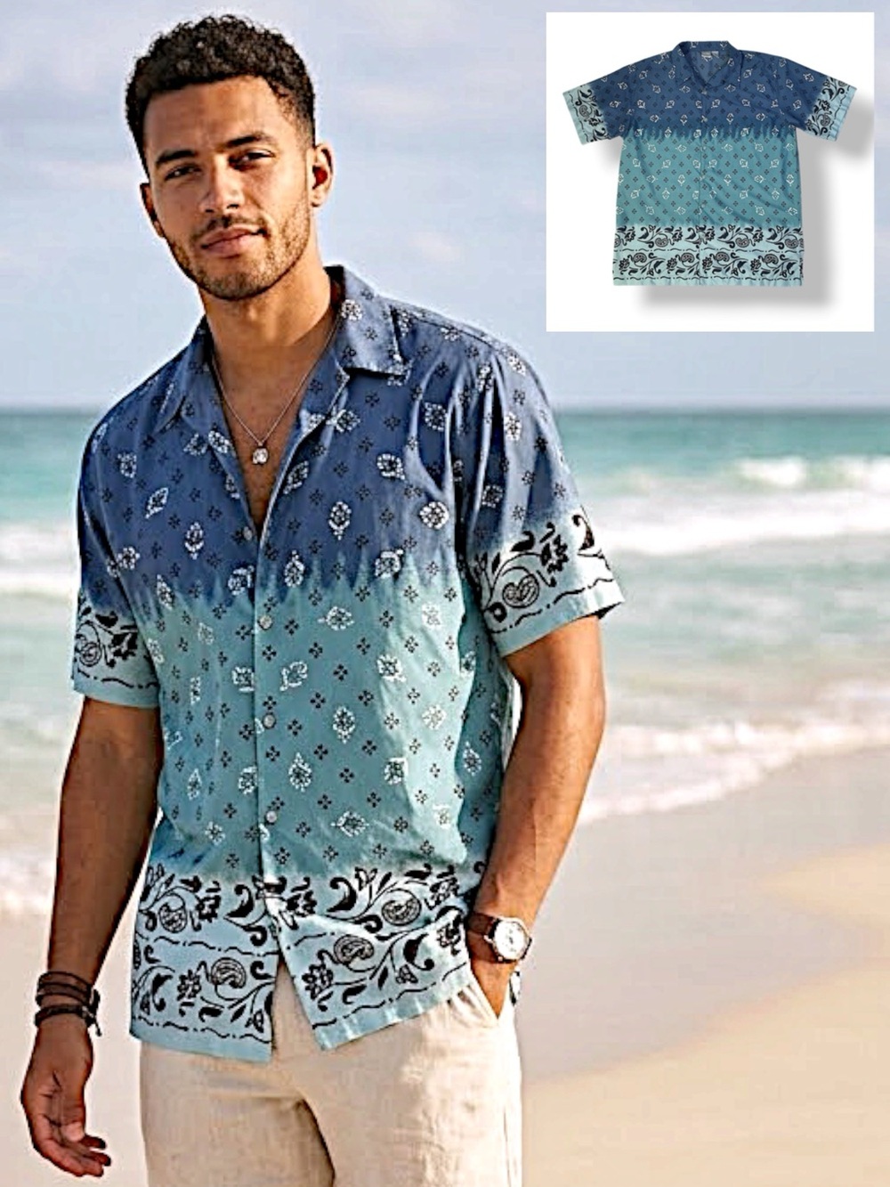 Utility Brand Hawaiian Beach Shirt Cabana Button Up Short Sleeve Blue Men Large